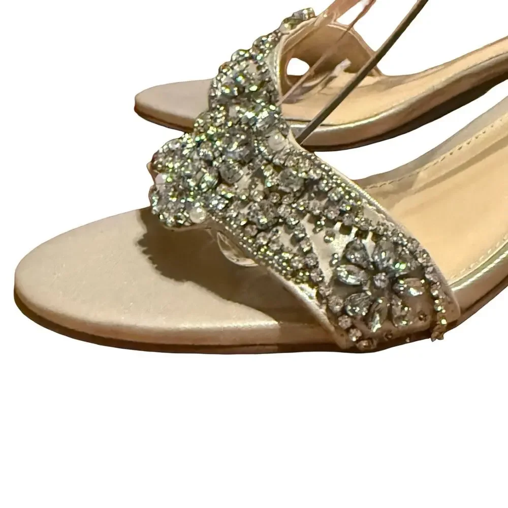Betsey Johnson Mel Champagne Rhinestone Ankle Strap Block Heel Sandals Shoes 6.5